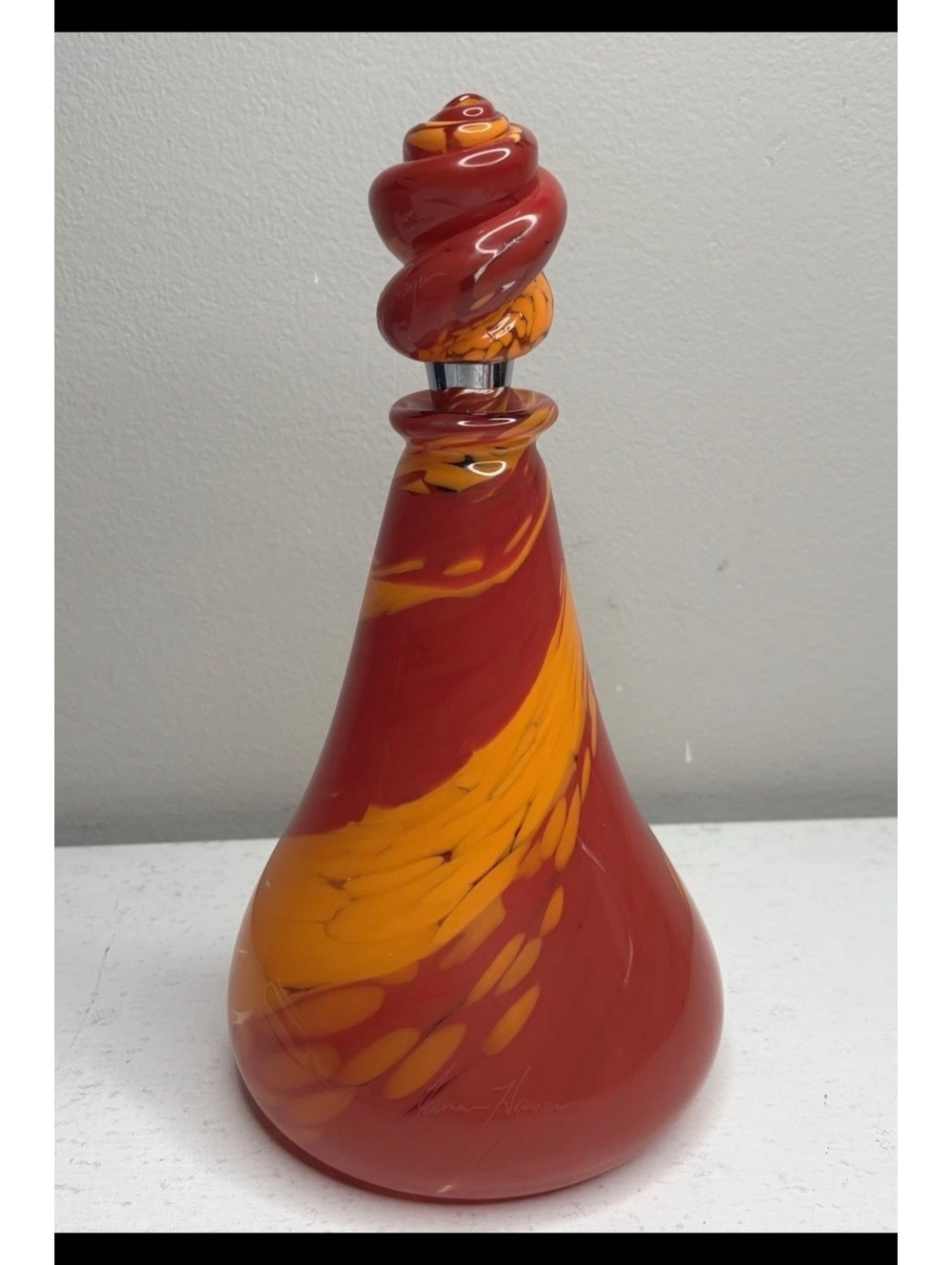 James Hayes Art Glass Red Orange & Clear Decanter & Stopper Handblown
